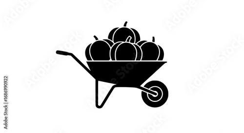 Wheelbarrow with pumpkins black white icon