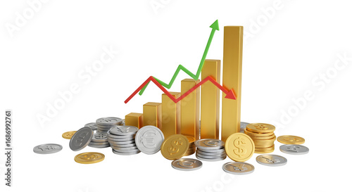 3D market trend chart with currency coins, isolated on white background