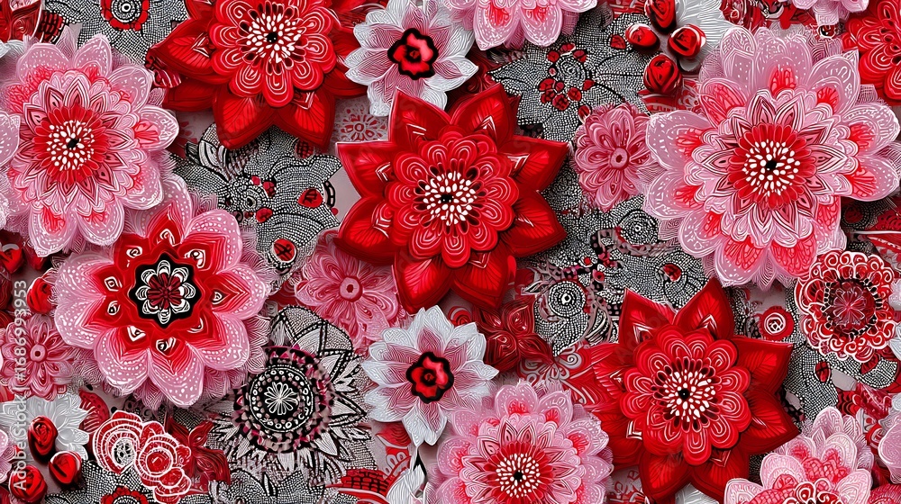 An intricate seamless pattern of fantasy flowers, ethnic motifs, and rotary designs, creating a beautiful and dynamic fabric or tile pattern. An intricate seamless pattern of fantasy flowers, ethnic motifs, and rotary designs, creating a beautiful and dynamic fabric or tile pattern.