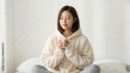 Relaxed Woman Enjoying Cozy Morning Light with Warm Drink