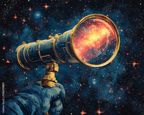 Brass telescope mockup pointed at swirling galaxy