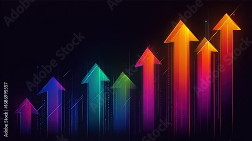 A vibrant, abstract graphic featuring colorful upward arrows, symbolizing growth and progress against a dark background.