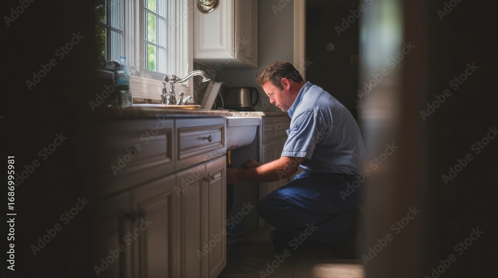 Fototapeta premium Crouching Plumber Fixes Pipes Under Kitchen Sink in Bright Room