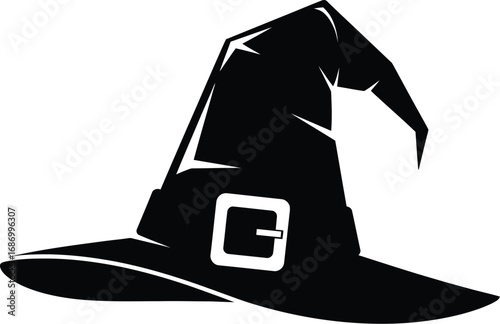 A black witch hat, perfect for halloween, featuring a tall, pointed crown and a wide brim with a buckle