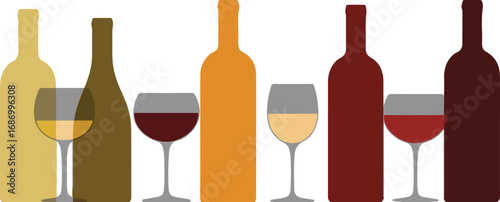 Illustration of wine glasses and bottles of various colors