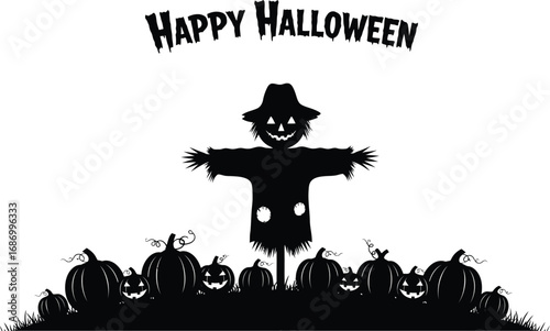 Silhouette of a scarecrow and pumpkins with happy halloween text for the Halloween celebration concept