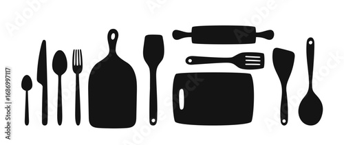 Black silhouette of kitchen utensils – spoons, forks, rolling pin, spatula, cutting board – perfect for cooking labels, recipe cards, and culinary branding projects.