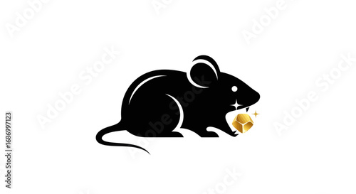 Black silhouette of a mouse eating a piece of cheese.