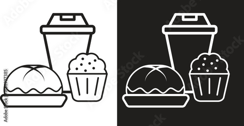 Minimalist vector illustration of a takeaway coffee cup with a bread roll and muffin. Black and white line art style, perfect for bakery, cafe, restaurant, breakfast, and beverage design themes.