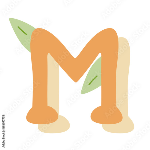 Decorative orange letter m with green leaves, perfect for branding, botanical designs, ecofriendly projects, or naturethemed compositions.