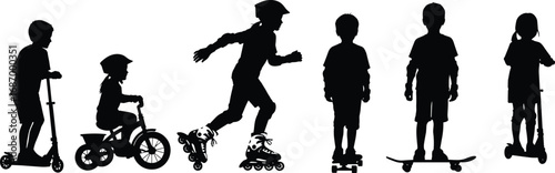 Children silhouette, outdoor activity, scooter riding, tricycle fun, rollerblading kids, skateboarding youth, childhood motion, wheeled play, active lifestyle,