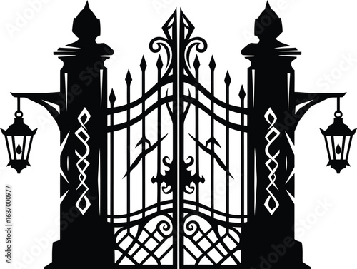 Ornate wrought iron gate with lanterns, showcasing intricate metalwork and classic architectural design elements