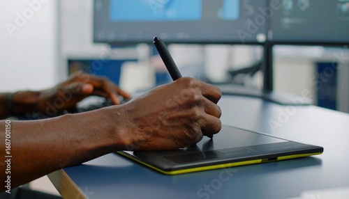 Close-up of hands using graphic tablet