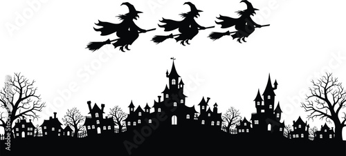Three witches flying on brooms over a spooky town with a full moon for the halloween concept