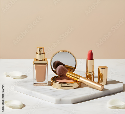Lipstick, foundation, and brushes are arranged elegantly for a beauty routine. notion of modern vanity, feminine beauty enhancement, personal care, and cosmetics