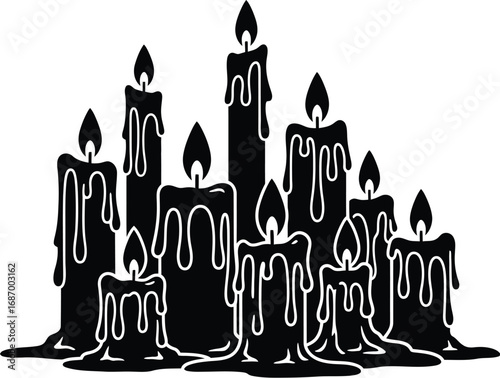 A group of black silhouette candles with dripping wax, creating a spooky and atmospheric scene for halloween or gothic themes