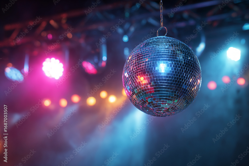 Obraz premium Disco ball hanging in a dark room with colorful lights in the background a party atmosphere