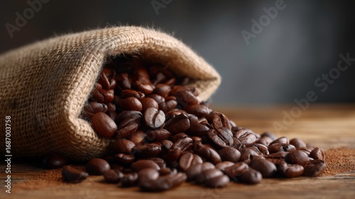 Coffee beans spilling from burlap sack rustic kitchen food photography warm environment close-up flavor exploration