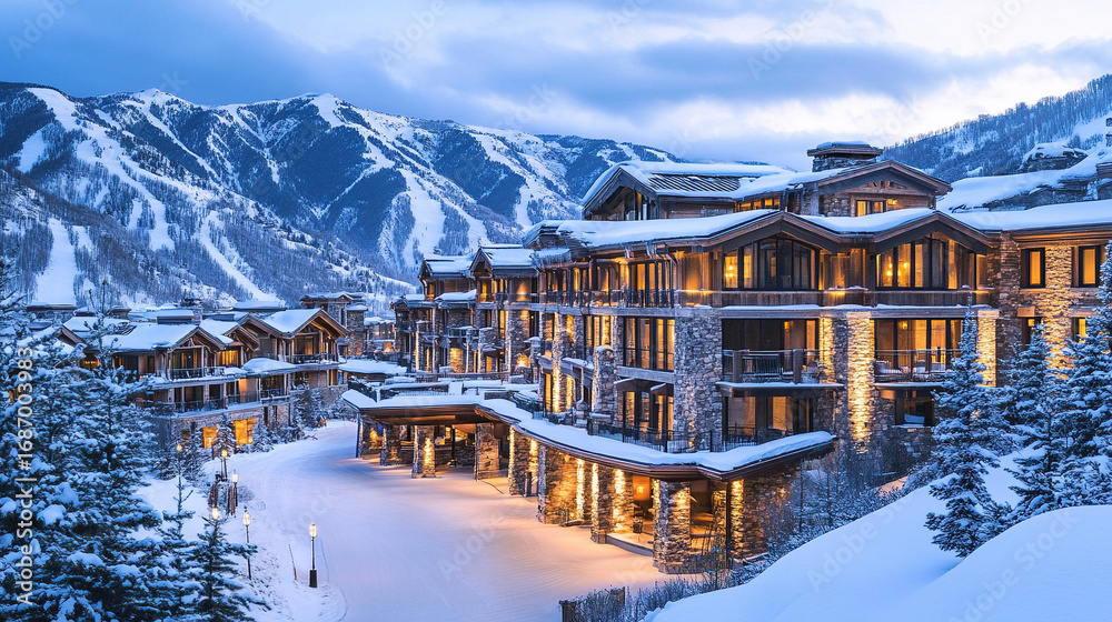 Fototapeta premium Explore snow-covered peaks, world-class ski slopes, and cozy resorts at the best ski destinations. Your adventure begins at a mountain resort!