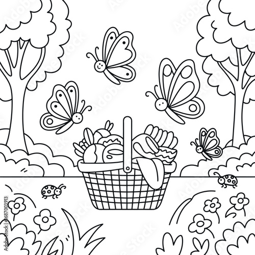 Black and white illustration of a picnic basket with butterflies and ladybugs