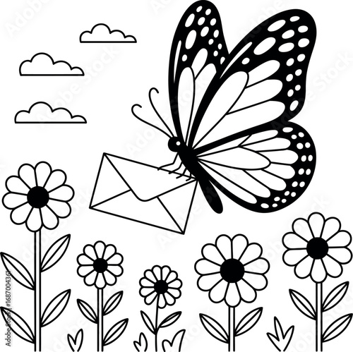 Butterfly delivering letter in a flower field outline vector illustration