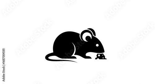 Minimalist black mouse silhouette icon eating a crumb.