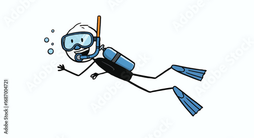 Smiling cartoon stick figure enjoying a scuba dive with oxygen tank and flippers. Simple vector graphic for hobby and sport themes