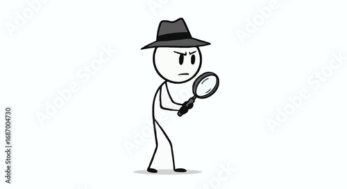 Stick Figure Detective Investigating with Magnifying Glass - Cartoon Character