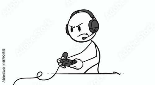 Cartoon stick figure wearing headphones and playing a video game with a joystick controller