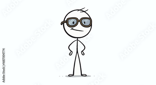 Hand-drawn stick figure character with aviator goggles in a confident pose. A funny cartoon sketch isolated on a white background