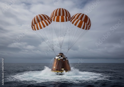 Wallpaper Mural Space capsule splashdown with parachutes in ocean under cloudy sky Torontodigital.ca