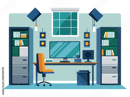 Modern home office setup with desk computer chair bookshelves and stylish decor