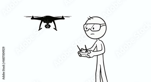Stick figure character in safety glasses skillfully operates a modern drone with a remote control, capturing aerial footage