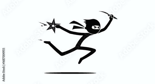 Agile Ninja Silhouette Leaping with Star and Sword on White Background