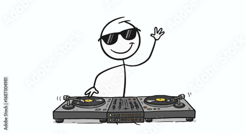Vector illustration of a cool stick figure DJ with sunglasses mixing music on turntables and waving