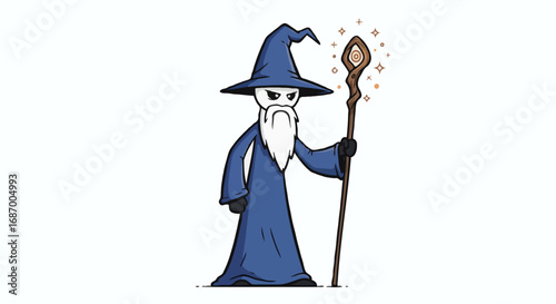 Mysterious Cartoon Wizard Character with Magical Staff Ready for Enchanting Adventures and Spells