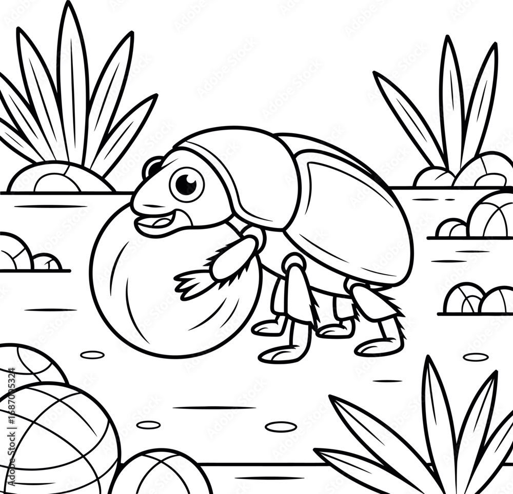 Fototapeta premium Cartoon Dung Beetle Rolling Ball in Black and White Outline
