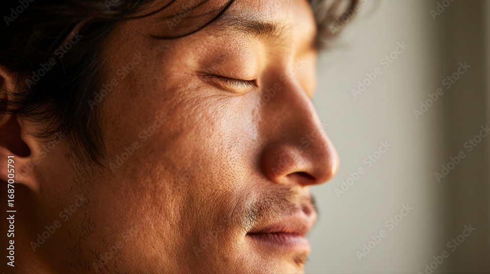 Fototapeta premium Profile of Contemplative Startup Owner with Eyes Closed in Reflection