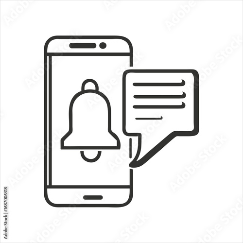 Hand drawn smartphone with notification bell and speech bubble icon simple outline