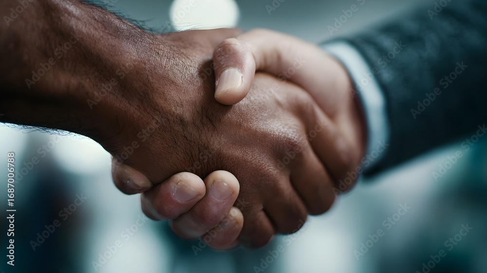 Fototapeta premium Professional handshake between diverse hands symbolizing a successful business agreement and strong partnership