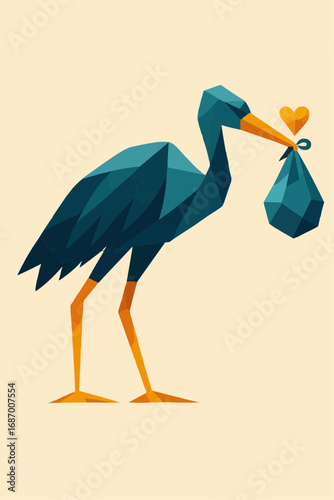 Stork Delivering Bundle: A modern, geometrical illustration showcases a stork gracefully carrying a baby bundle, symbolizing new beginnings and the joy of birth.
