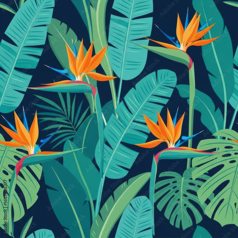 Fototapeta premium Seamless pattern featuring tropical foliage and vibrant flowers creates striking backdrop for design projects. Vivid flora and fauna in seamless pattern provides unique texture and visual interest,