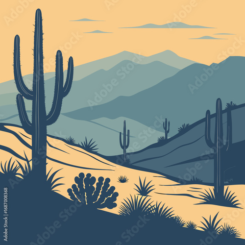 Illustration of a desert landscape with cactus, mountains, and the sunset