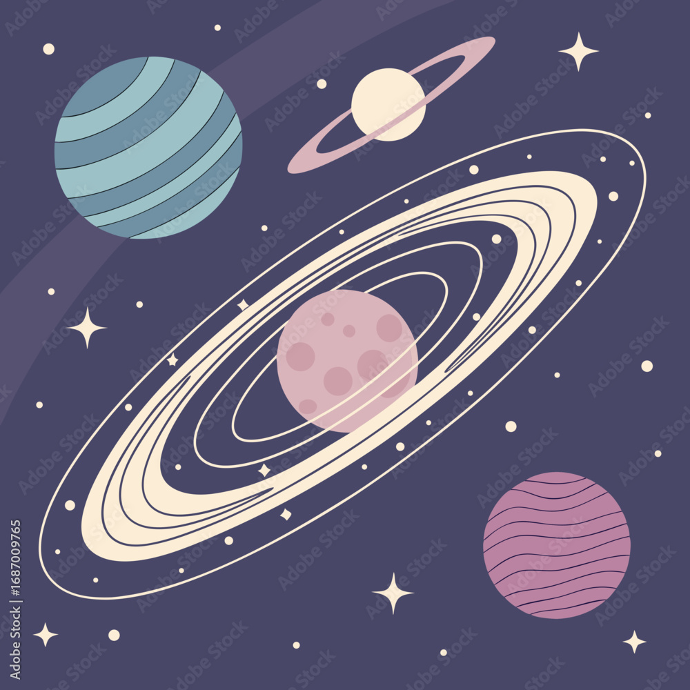 Fototapeta premium Vector art of colorful cosmic scene with planets, rings, and stars in a vast universe
