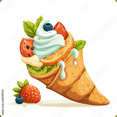 Vector illustration of Japanese street crepe filled with fruit and whipped cream, rolled cone style, in flat vector style, isolated on a white background