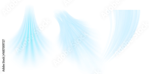 Air flow set of vector elements on a white background. Abstract light effect blowing from an air conditioner, purifier or humidifier. Dynamic blurred flow motion	