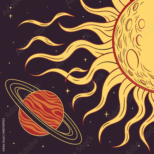 Vector art of cosmic scene with sun, saturnlike planet, stars on dark purple background