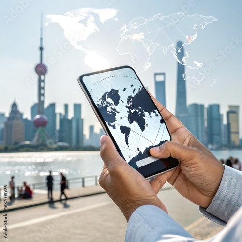 A person uses a smartphone while traveling or exploring a major city or landmark, representing global connection and the role of mobile technology in travel and navigation.