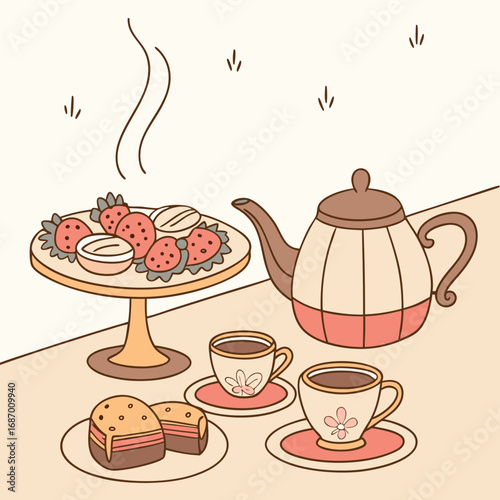 Vector art of cozy afternoon tea party with teapot, cakes, and strawberries illustration