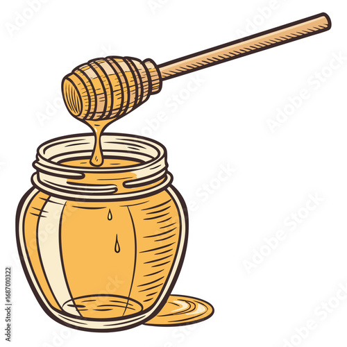 Vector art of honey jar with dipper, dripping sweet honey